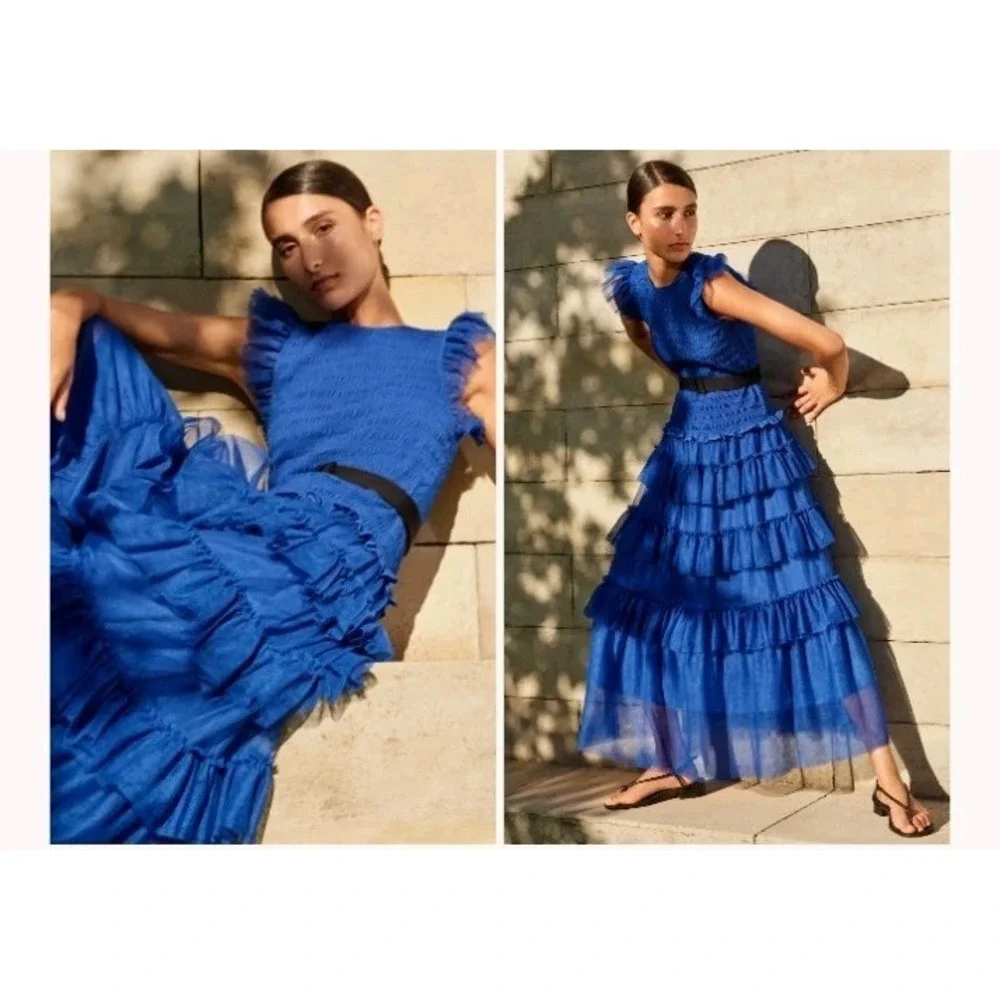 ME+EM Ethereal Tulle Shirred Midi Dress Womens 8 Royal Blue Tiered Wedding Party